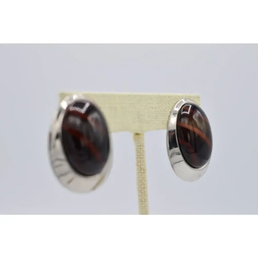 Vintage Oval Clip On Earrings Silver Lucite Tortoise Chunky NOS 1980s BinAA